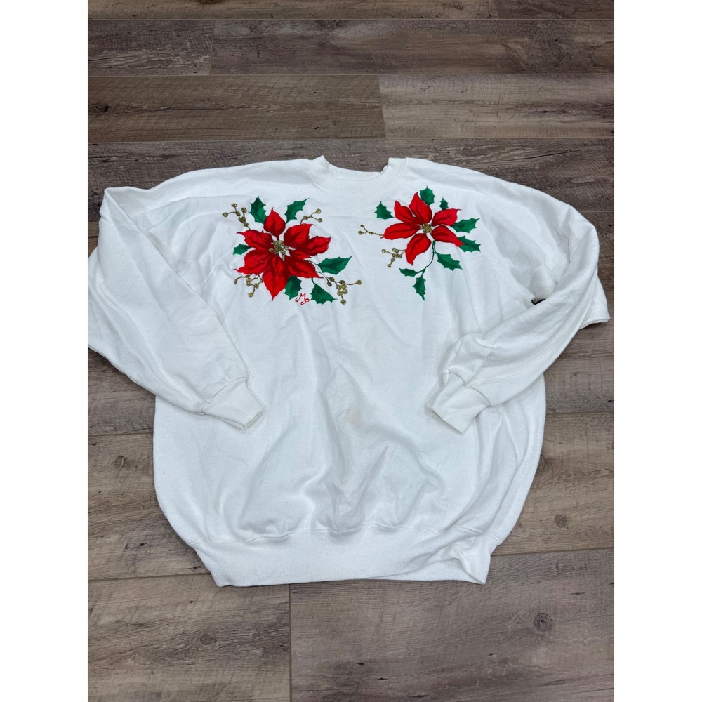 Vintage Hanes Christmas Poinsettia Sweatshirt White XL Made in USA Glitter 90s